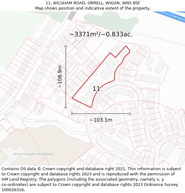 11, WILSHAM ROAD, ORRELL, WIGAN, WN5 8SF: Plot and title map