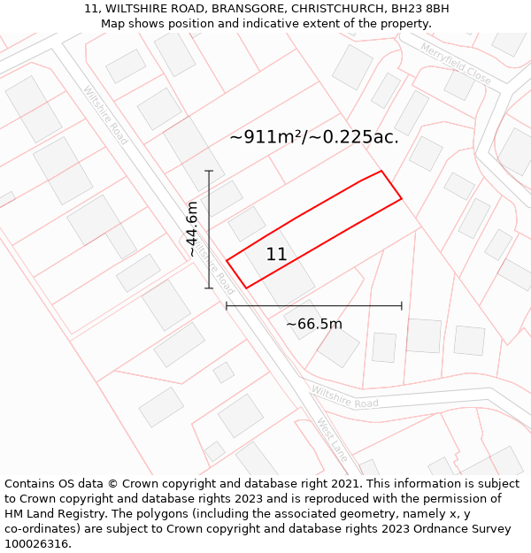 11, WILTSHIRE ROAD, BRANSGORE, CHRISTCHURCH, BH23 8BH: Plot and title map