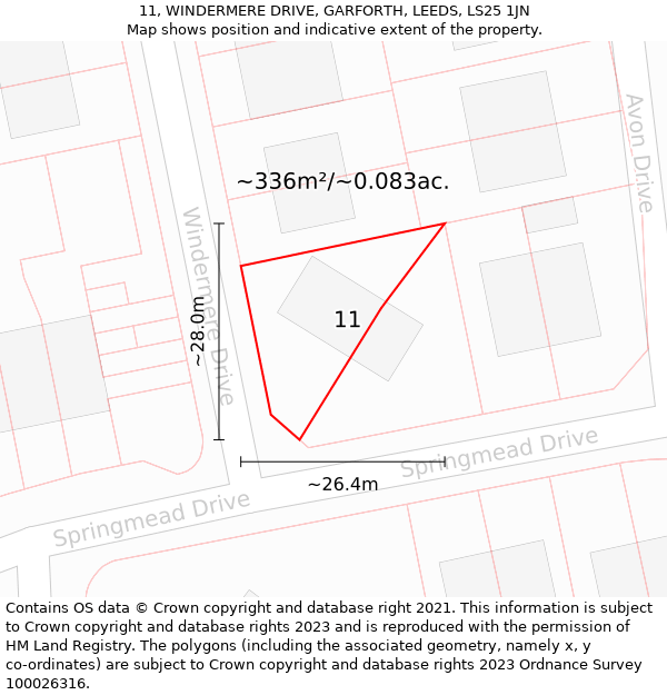 11, WINDERMERE DRIVE, GARFORTH, LEEDS, LS25 1JN: Plot and title map