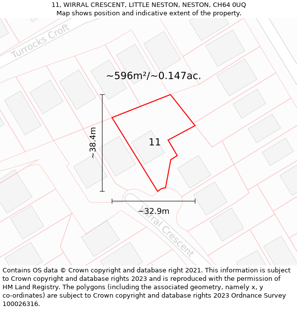 11, WIRRAL CRESCENT, LITTLE NESTON, NESTON, CH64 0UQ: Plot and title map