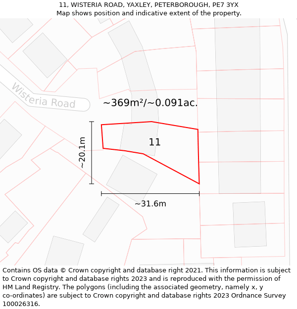 11, WISTERIA ROAD, YAXLEY, PETERBOROUGH, PE7 3YX: Plot and title map