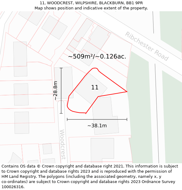 11, WOODCREST, WILPSHIRE, BLACKBURN, BB1 9PR: Plot and title map