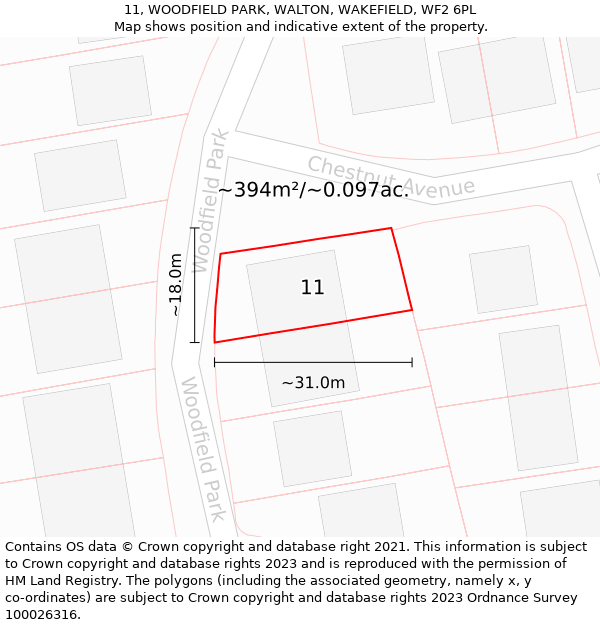 11, WOODFIELD PARK, WALTON, WAKEFIELD, WF2 6PL: Plot and title map