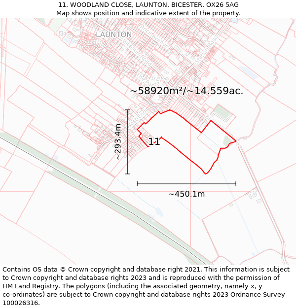 11, WOODLAND CLOSE, LAUNTON, BICESTER, OX26 5AG: Plot and title map