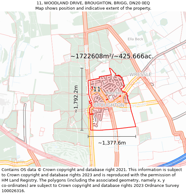 11, WOODLAND DRIVE, BROUGHTON, BRIGG, DN20 0EQ: Plot and title map