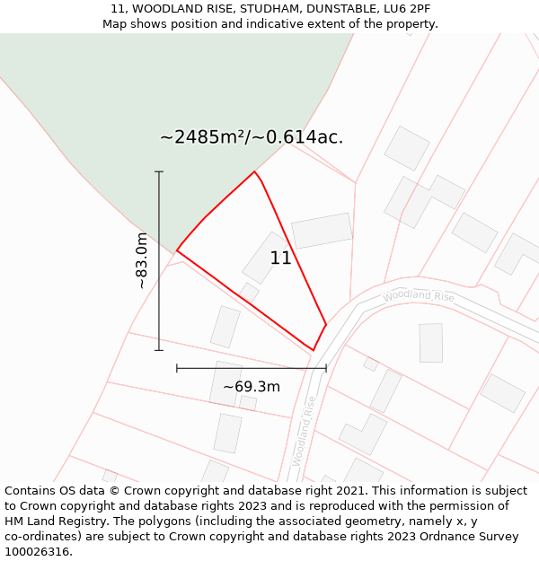 11, WOODLAND RISE, STUDHAM, DUNSTABLE, LU6 2PF: Plot and title map