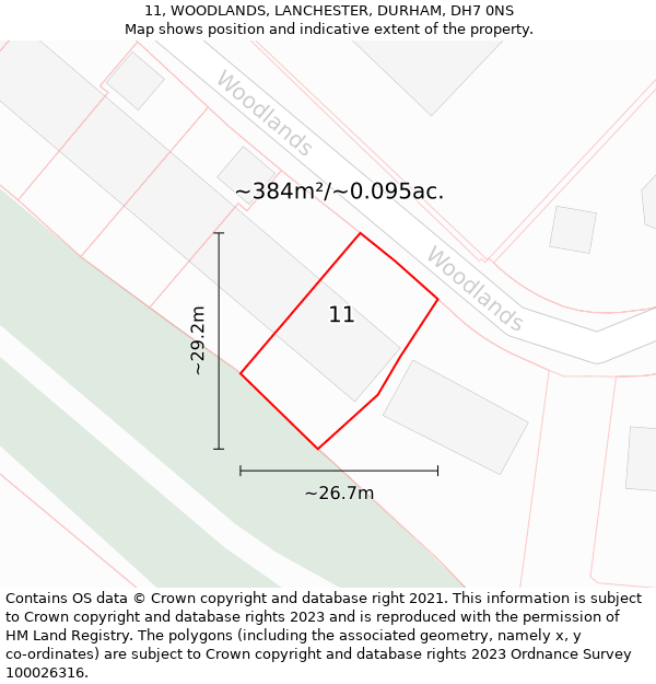 11, WOODLANDS, LANCHESTER, DURHAM, DH7 0NS: Plot and title map