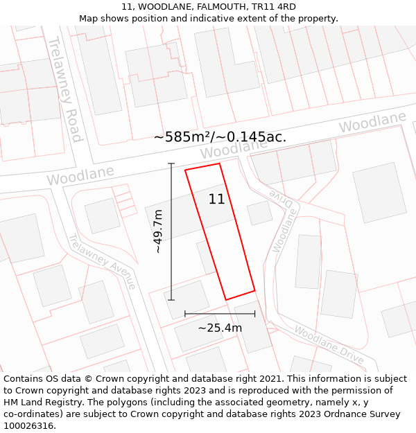 11, WOODLANE, FALMOUTH, TR11 4RD: Plot and title map