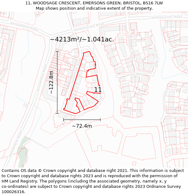 11, WOODSAGE CRESCENT, EMERSONS GREEN, BRISTOL, BS16 7LW: Plot and title map