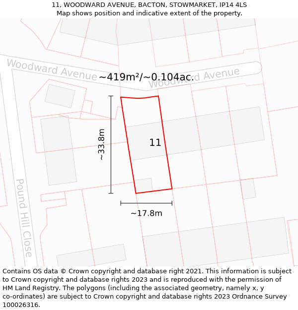 11, WOODWARD AVENUE, BACTON, STOWMARKET, IP14 4LS: Plot and title map