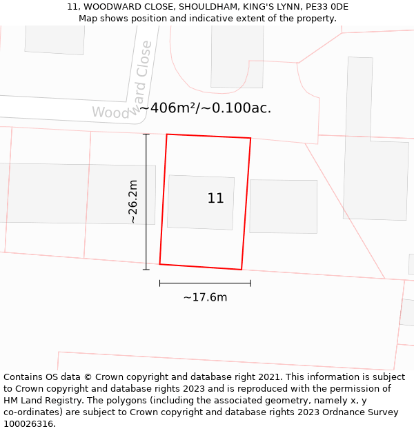 11, WOODWARD CLOSE, SHOULDHAM, KING'S LYNN, PE33 0DE: Plot and title map