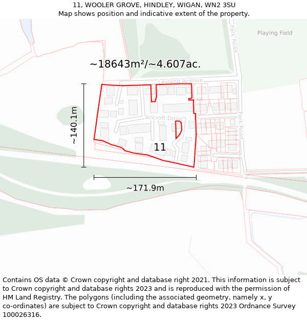 11, WOOLER GROVE, HINDLEY, WIGAN, WN2 3SU: Plot and title map