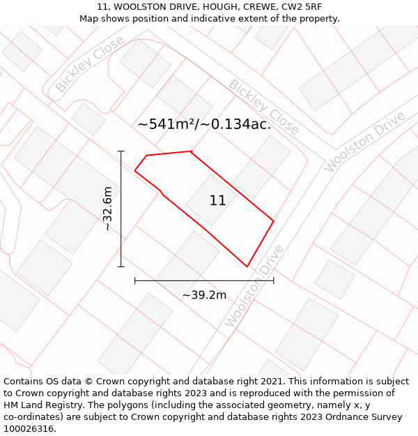 11, WOOLSTON DRIVE, HOUGH, CREWE, CW2 5RF: Plot and title map