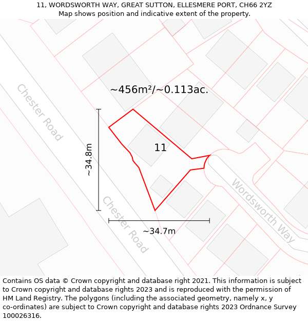 11, WORDSWORTH WAY, GREAT SUTTON, ELLESMERE PORT, CH66 2YZ: Plot and title map