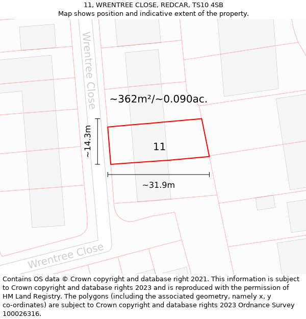 11, WRENTREE CLOSE, REDCAR, TS10 4SB: Plot and title map