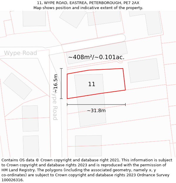 11, WYPE ROAD, EASTREA, PETERBOROUGH, PE7 2AX: Plot and title map