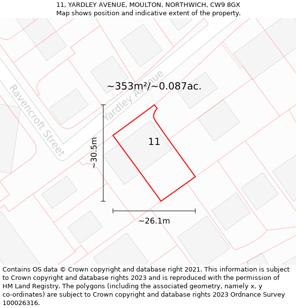 11, YARDLEY AVENUE, MOULTON, NORTHWICH, CW9 8GX: Plot and title map