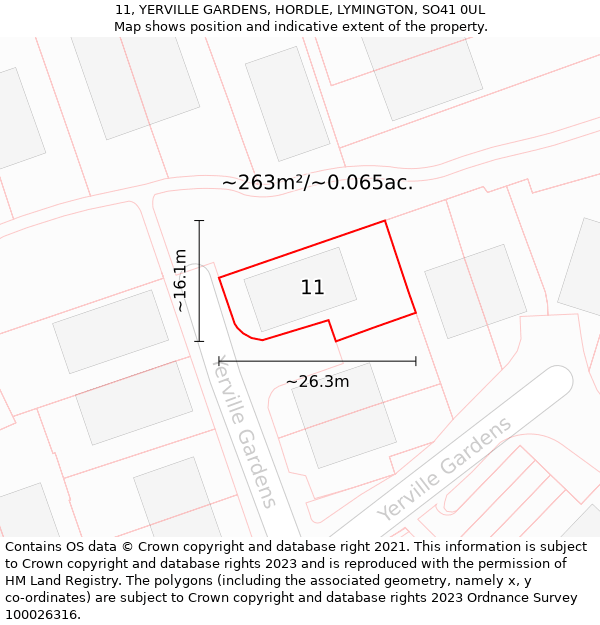 11, YERVILLE GARDENS, HORDLE, LYMINGTON, SO41 0UL: Plot and title map