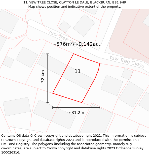11, YEW TREE CLOSE, CLAYTON LE DALE, BLACKBURN, BB1 9HP: Plot and title map