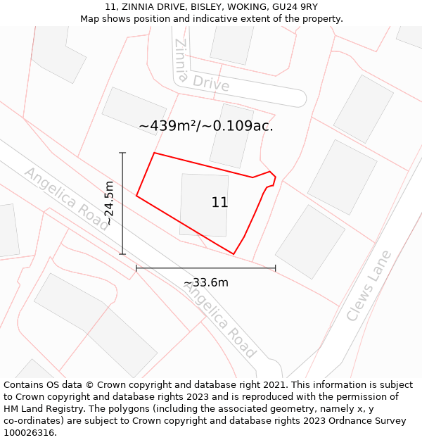 11, ZINNIA DRIVE, BISLEY, WOKING, GU24 9RY: Plot and title map