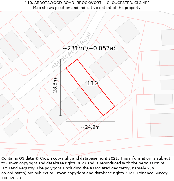 110, ABBOTSWOOD ROAD, BROCKWORTH, GLOUCESTER, GL3 4PF: Plot and title map