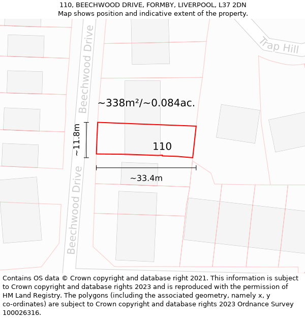 110, BEECHWOOD DRIVE, FORMBY, LIVERPOOL, L37 2DN: Plot and title map