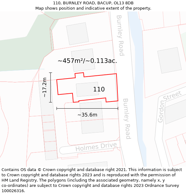 110, BURNLEY ROAD, BACUP, OL13 8DB: Plot and title map