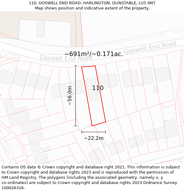 110, GOSWELL END ROAD, HARLINGTON, DUNSTABLE, LU5 6NT: Plot and title map