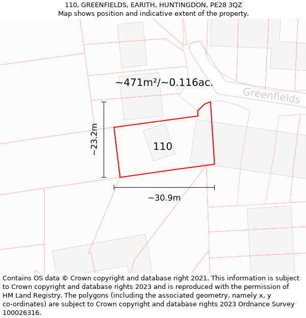110, GREENFIELDS, EARITH, HUNTINGDON, PE28 3QZ: Plot and title map