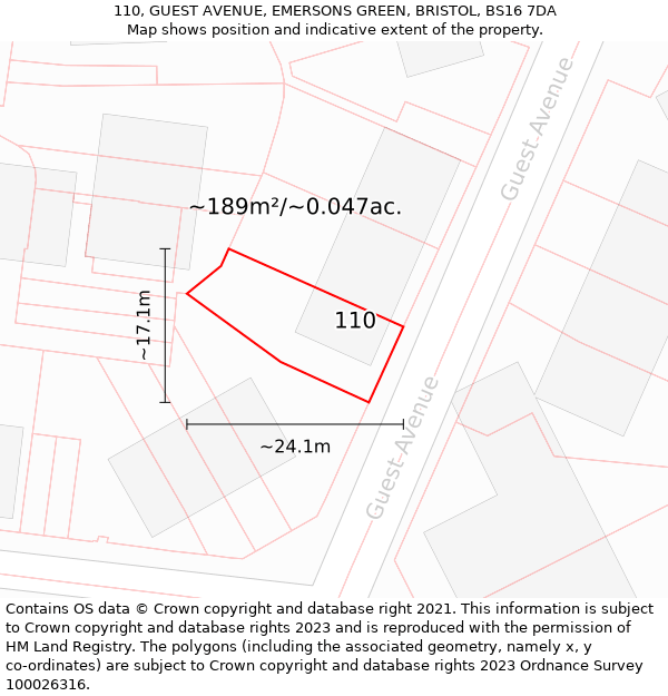 110, GUEST AVENUE, EMERSONS GREEN, BRISTOL, BS16 7DA: Plot and title map