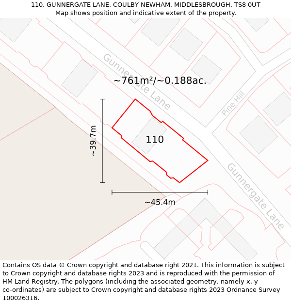 110, GUNNERGATE LANE, COULBY NEWHAM, MIDDLESBROUGH, TS8 0UT: Plot and title map