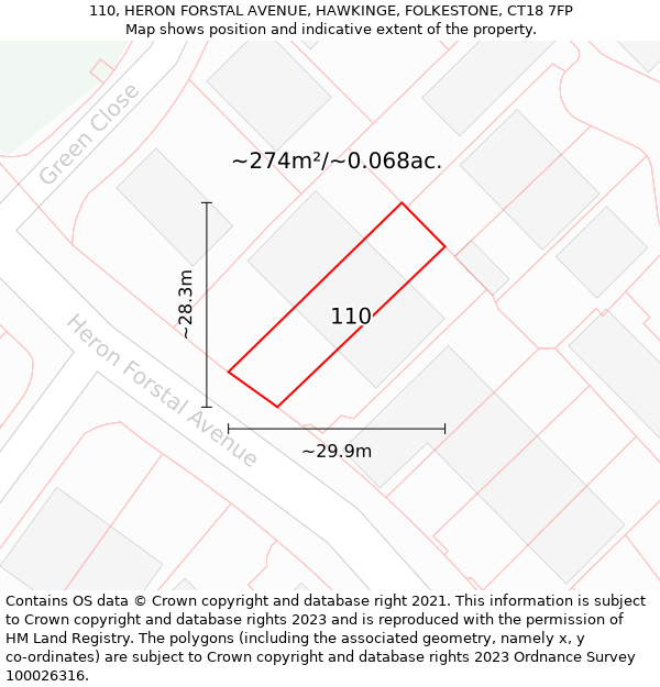 110, HERON FORSTAL AVENUE, HAWKINGE, FOLKESTONE, CT18 7FP: Plot and title map