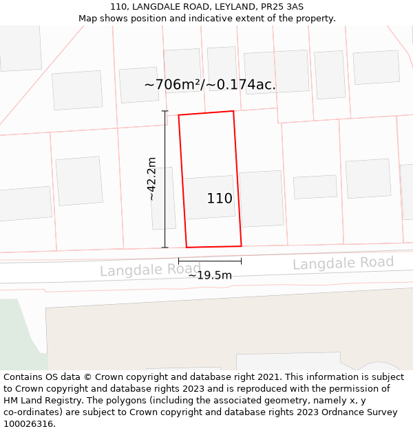 110, LANGDALE ROAD, LEYLAND, PR25 3AS: Plot and title map