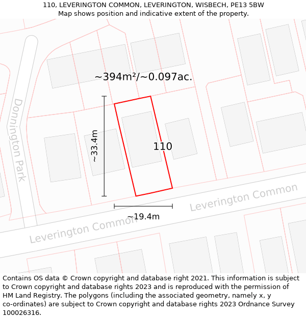 110, LEVERINGTON COMMON, LEVERINGTON, WISBECH, PE13 5BW: Plot and title map