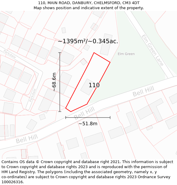 110, MAIN ROAD, DANBURY, CHELMSFORD, CM3 4DT: Plot and title map