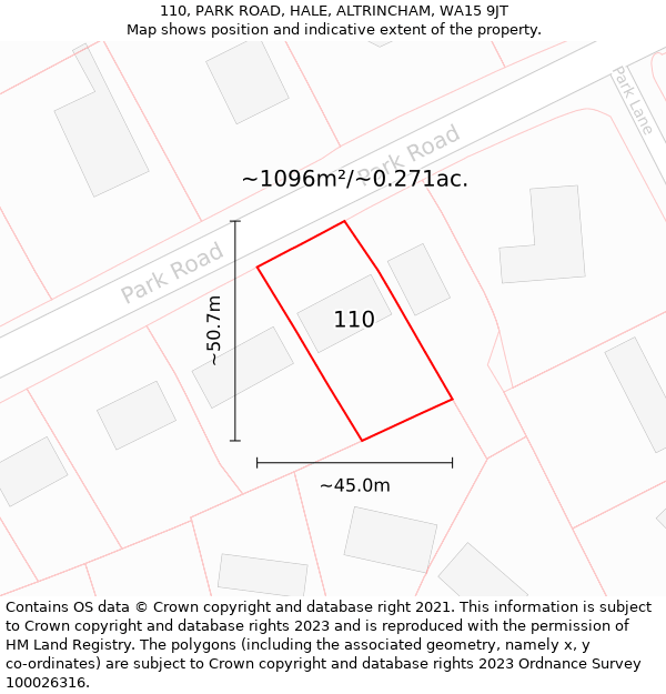 110, PARK ROAD, HALE, ALTRINCHAM, WA15 9JT: Plot and title map