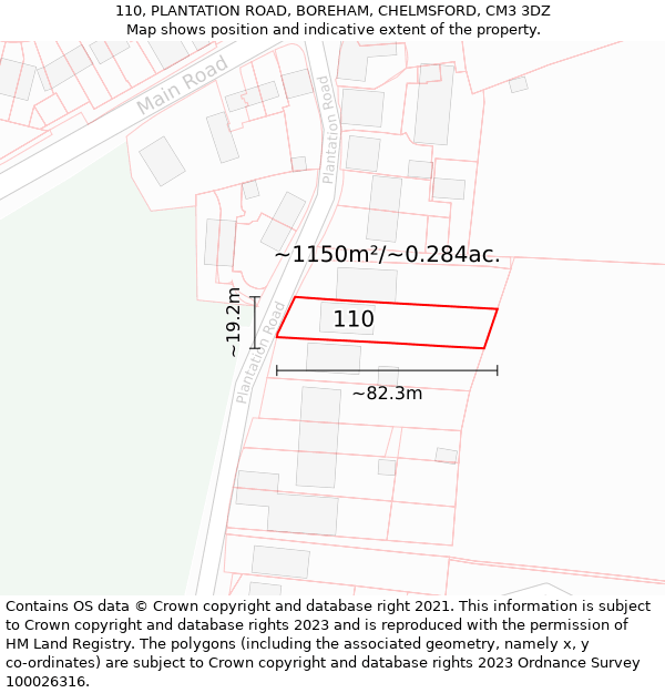 110, PLANTATION ROAD, BOREHAM, CHELMSFORD, CM3 3DZ: Plot and title map