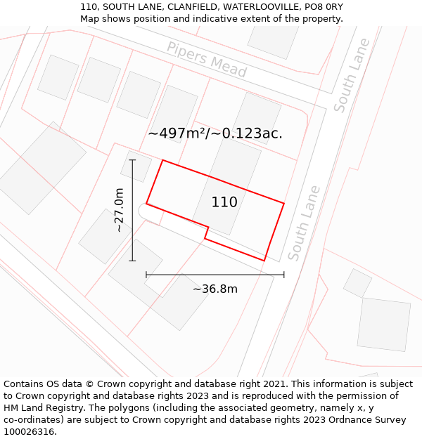 110, SOUTH LANE, CLANFIELD, WATERLOOVILLE, PO8 0RY: Plot and title map