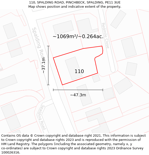 110, SPALDING ROAD, PINCHBECK, SPALDING, PE11 3UE: Plot and title map