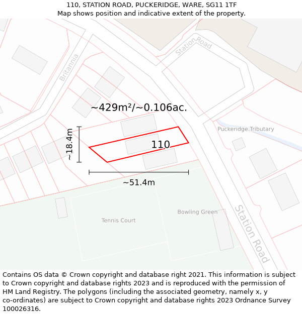 110, STATION ROAD, PUCKERIDGE, WARE, SG11 1TF: Plot and title map