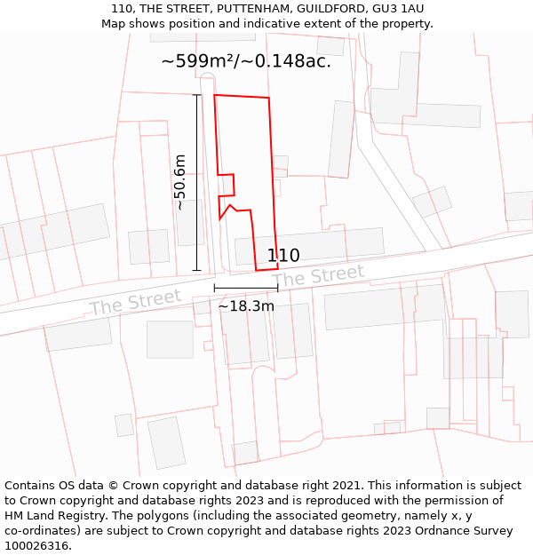 110, THE STREET, PUTTENHAM, GUILDFORD, GU3 1AU: Plot and title map