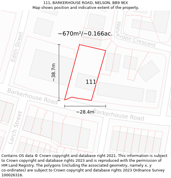 111, BARKERHOUSE ROAD, NELSON, BB9 9EX: Plot and title map