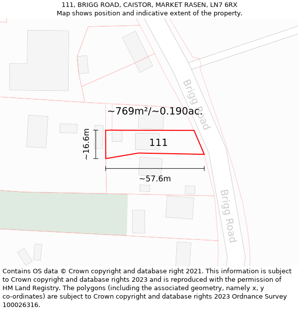 111, BRIGG ROAD, CAISTOR, MARKET RASEN, LN7 6RX: Plot and title map