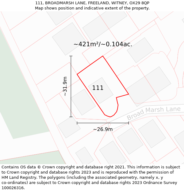 111, BROADMARSH LANE, FREELAND, WITNEY, OX29 8QP: Plot and title map