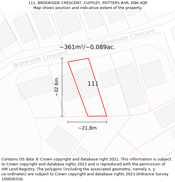 111, BROOKSIDE CRESCENT, CUFFLEY, POTTERS BAR, EN6 4QP: Plot and title map