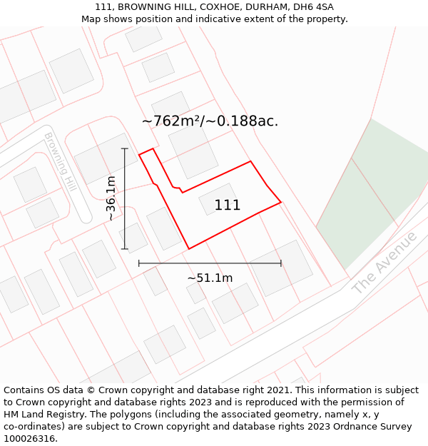 111, BROWNING HILL, COXHOE, DURHAM, DH6 4SA: Plot and title map
