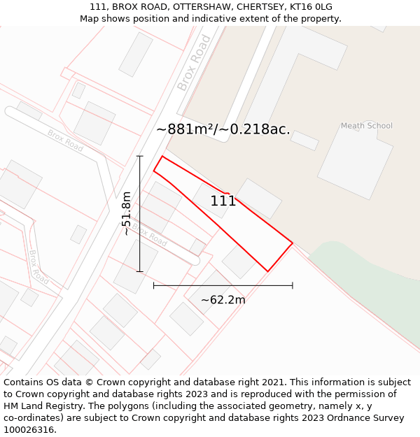 111, BROX ROAD, OTTERSHAW, CHERTSEY, KT16 0LG: Plot and title map