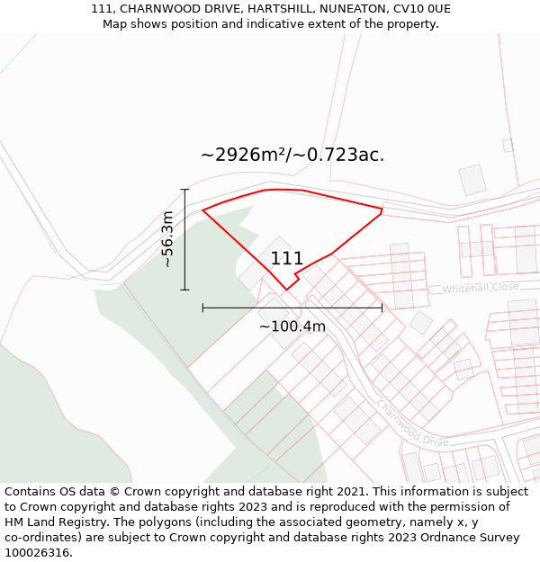 111, CHARNWOOD DRIVE, HARTSHILL, NUNEATON, CV10 0UE: Plot and title map