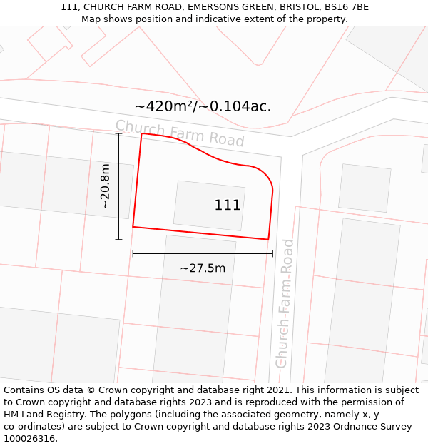 111, CHURCH FARM ROAD, EMERSONS GREEN, BRISTOL, BS16 7BE: Plot and title map