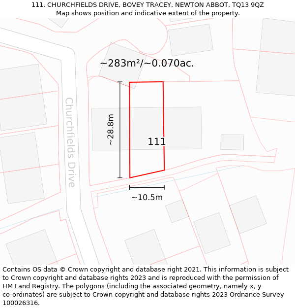 111, CHURCHFIELDS DRIVE, BOVEY TRACEY, NEWTON ABBOT, TQ13 9QZ: Plot and title map